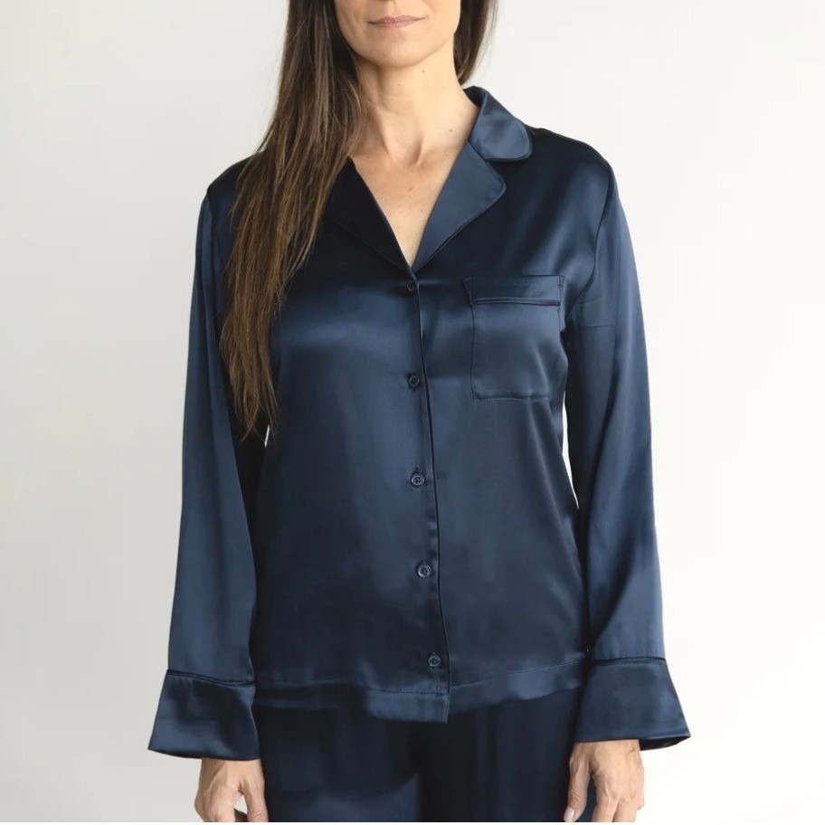 Cozy Earth Pajama Top Silk Women Serenity Classic Long Sleeve Navy Blue Small